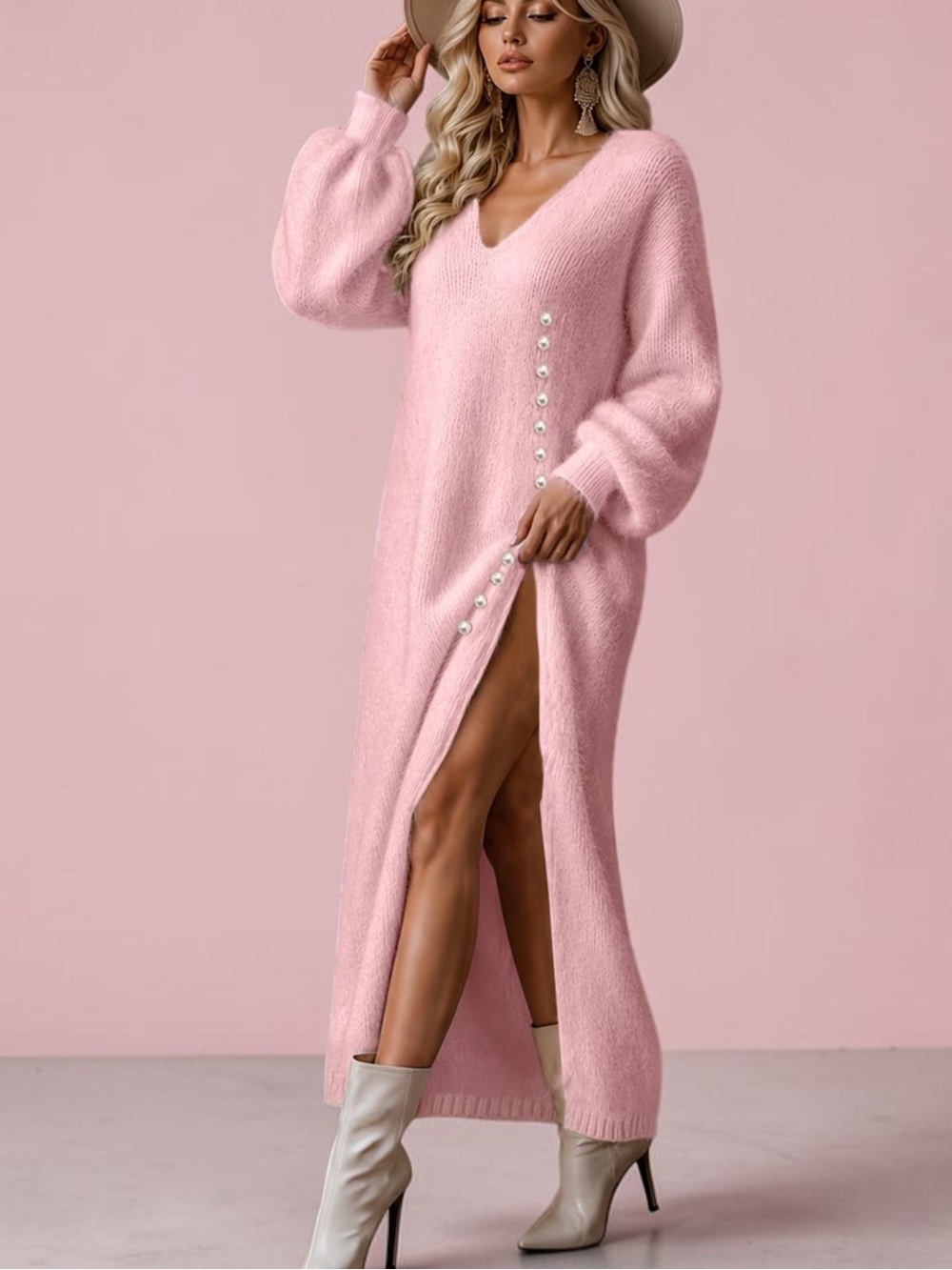 Soft Pink V-Neck Button-Detail Maxi Dress